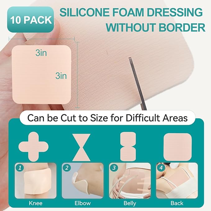 Dimora Silicone Foam Dressing Without Border 10 Pack- 3"x 3" Highly Absorbent Adhesive Waterproof Bandages for Wounds, Cuttable Pads for Wound Care and Dressings