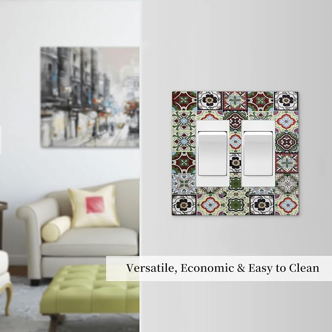 Decorative Outlet Covers Talavera Tile Decal 2 Gang Double GFCI Rocker Electrical Wall Panels Light Switch Cover Plate for Bedroom Bathroom Decor
