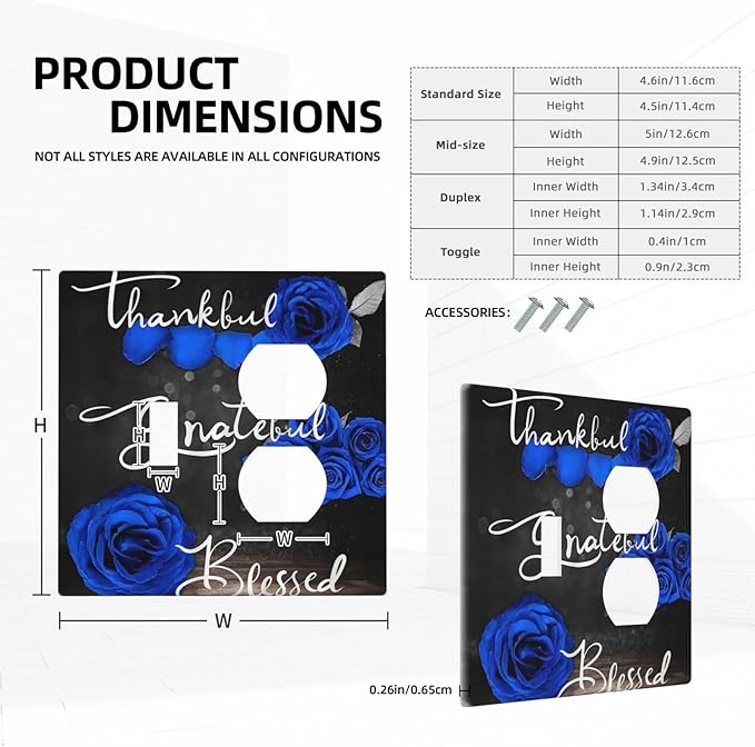 Decorative Light Switch Cover Plate Blue Rose Thankful Grateful Blessed 2 Gang Outlet Covers 1 Toggle 1 Duplex Wall Plate Decorate Electrical Switch Plate Covers for Bedroom Bathroom Decor
