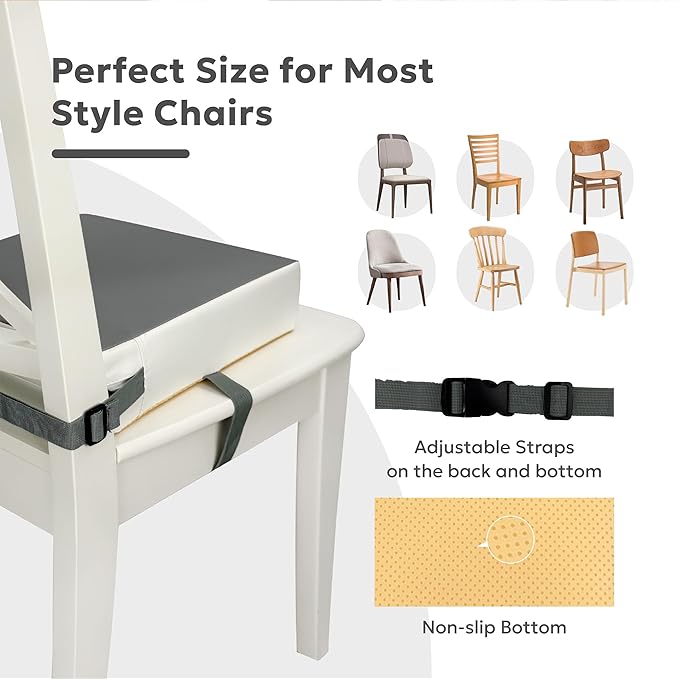 Toddler Booster Seat for Dining Table,Portable Kids Booster Seat - PU,Adjustable, Non-Slip, Lightweight & Easy to Clean (Grey)