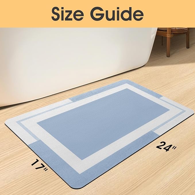 Ultra Thin Bath Mat, Upgrade Backing Non Slip Thin Bath Mats Fit Under Door, Quick Dry Ultra Absorbent Bathroom Rugs, Machine Washable Bath Rugs for Bathroom, Bathtub & Kitchen, Blue/Bordered/24"x17"