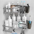 Corner Shower Caddy Bathroom Organizer: AKTECKE 2 Pack Adhesive Shelf Decor- No Drilling Stainless Steel Storage Rack with Hooks and Toothpaste Holder - Accessories Stuff