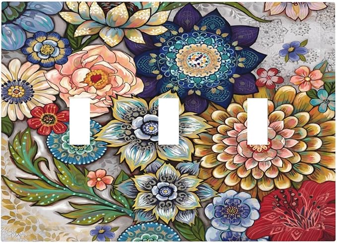 Boho Floral Colorful Floral Multi Color Flower Decorative Switch Plates 3 Gang Wall Plate Triple Toggle Light Switch Cover Faceplate Electrical Wall Panels for Bedroom Living Room Home Decor