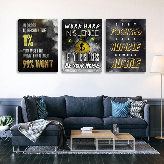 3 Piece Black Wall Art Modern Motivational Quotes Wall Art Canvas Art Inspiring Entrepreneur Hustle Poster Prints Wall Decor Office Wall Decorations Framed Posters for Office(36''Wx 16''H)
