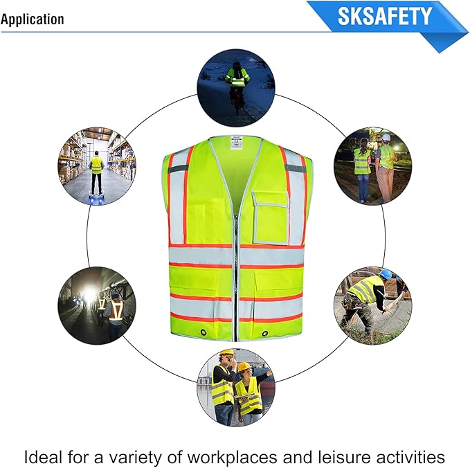 SKSAFETY 10 Pockets Safety Vest, Class 2 High Visibility Security with Zipper, Hi Vis Vest with Reflective Strips, ANSI/ISEA Standard, Construction Work Vest for Men ＆ Women （Lime, XL）