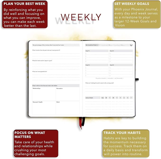 The Phoenix Journal - Best Daily Goal Planner, Organizer, & Calendar for Goal Setting, Gratitude, Happiness, & Productivity - Vision Board & Habit Tracking - 12 Weeks, Undated, Hardcover (Executive)