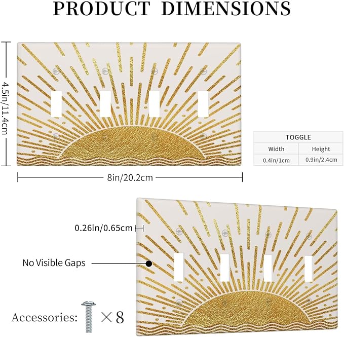 Mid Century Boho Golden Sun Sunrise Sunset Light Switch Covers Quad Toggle Electrical Faceplate 4 Gang Wall Plate Decorative Switch Plates for Bed Room Living Room Decor