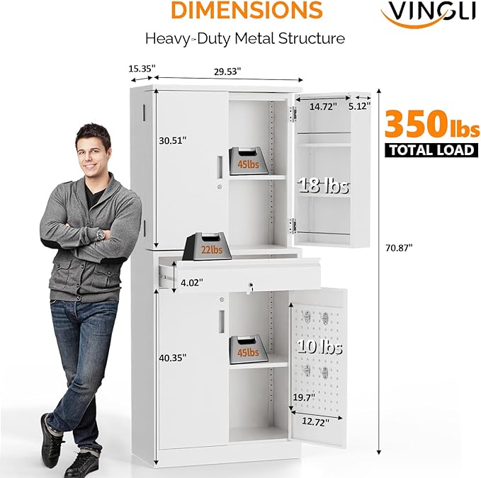 VINGLI 71'' Metal Kitchen Pantry Storage Cabinet with Drawer & 4 Doors, Cupboard with Adjustable Shelves for Kitchen Dining Living Room, Tall Freestanding Steel Locking Cabinet for Craft Room (White)
