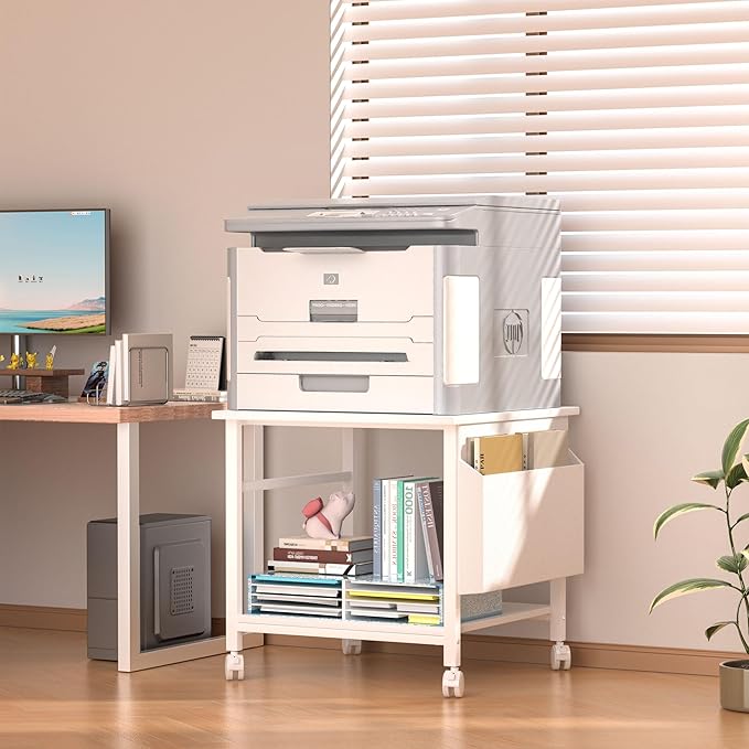 Large Printer Stand, 23.6 x 23.6 Inches Square Printer Stand with Storage Shelf, 2 Tier Printer Table for Home Office, Rolling Printer Cart with Lockable Wheels, Mobile Mini Fridge Stand Table, White