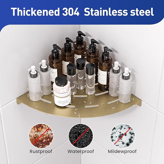 Corner Shower Shelves Load Capacity 40 Lbs 304 Stainless Steel Shelf for Shower Will Not Rust 8in Shower Corner Shelf Brushed Gold Drilling Installation