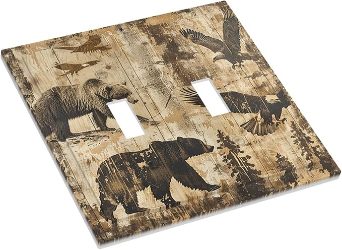 Decorative Switch Plates Vintage Cabin Wildlife Animal Bear Eagle Forest 2 Gang Double Toggle Outlet Light Switch Cover Wall Plate Electrical Faceplate for Farmhouse Bedroom Decor
