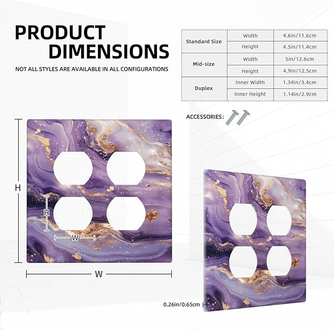 Luxury Marble Texture Purple And Gold Abstract Print Outlet Covers 2 Gang Double Duplex Decorative Light Switch Covers Electrical Wallplates Socket Faceplate for Bathroom Home Decor