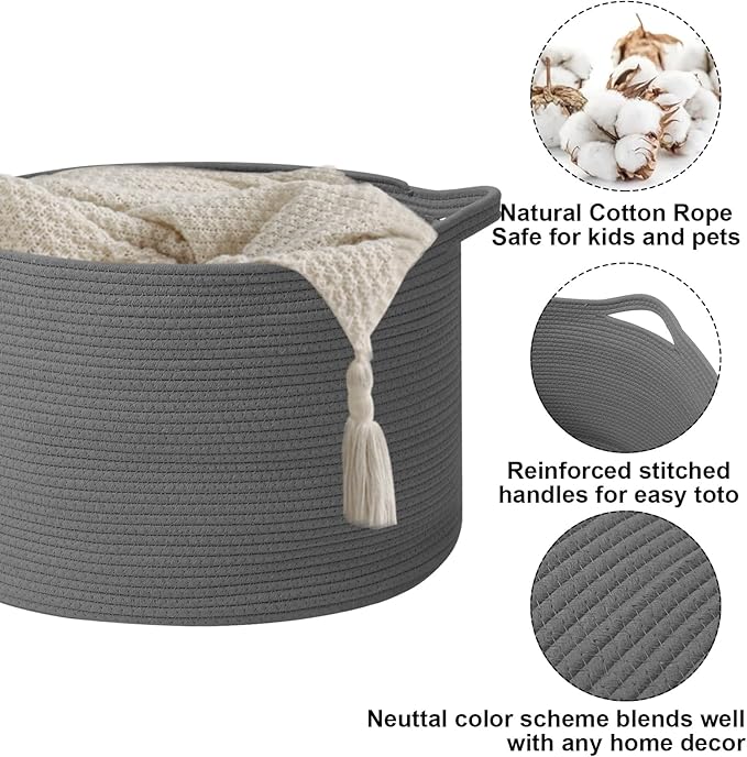 Large Storage Basket with Handle,19.7" L x 19.7" W x 13" H Blanket Basket Storage Bins for Organizing,65L Cotton Rope Woven Baskets for Living Room, Nursery ,Bedroom,Dark Gry