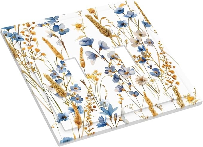 Vintage Wildflower Blue Gold Country Fall Wheat Floral Decorative Switch Plates 2 Gang Double Toggle Outlet Light Switch Cover Wall Plate Electrical Faceplate for Bedroom Living Room Decor