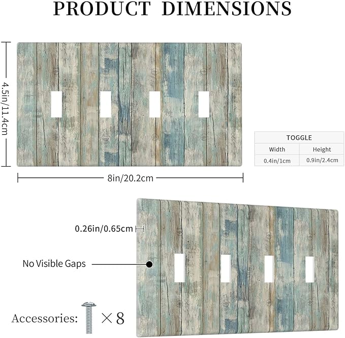Tea Vintage Wood Plank Distressed Grain Rustic Shiplap Board Quad Toggle Light Switch Covers Decorative 4 Gang Wall Plates Cover 4 Hole Electrical Device Switchplates for Farmhouse Bathroom