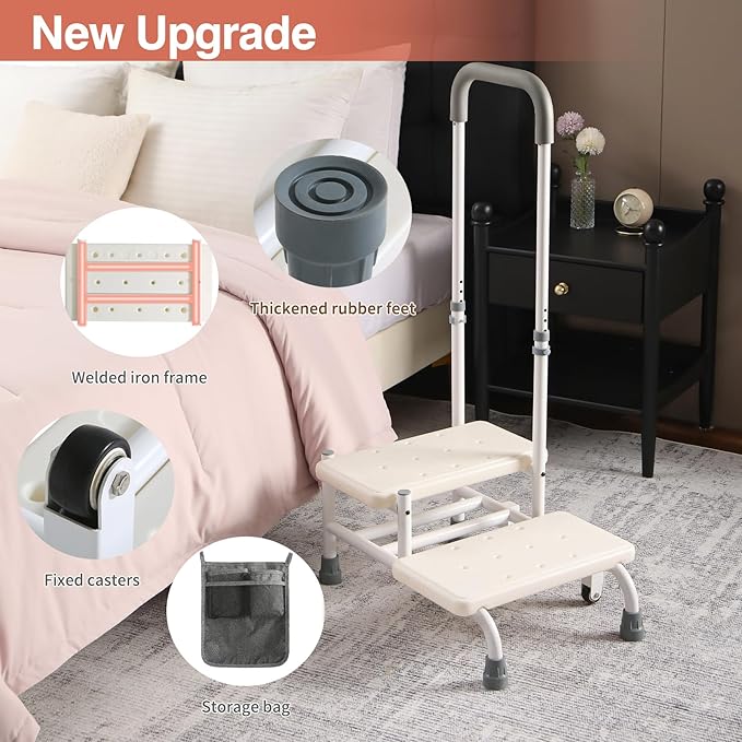NOVII Step Stool with Wheels and Storage Bag for Elderly, 2 Step Stool with Handle,Adjustable Bed Steps for High Beds for Adults,Portable Footstool for Bedroom, Kitchen, Bathroom (White)