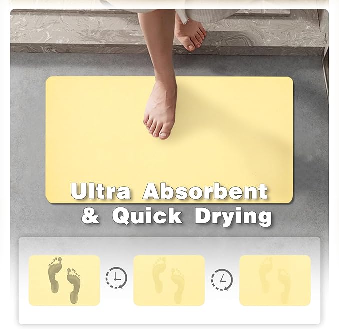 Bathroom Mat Quick Dry, Bathroom Rugs Non Slip Washable Thin Absorbent Bath Mat Fits Under Door Bathroom Floor Mat Perfect for Bath, Shower, or Sink 24"x48" Light Yellow