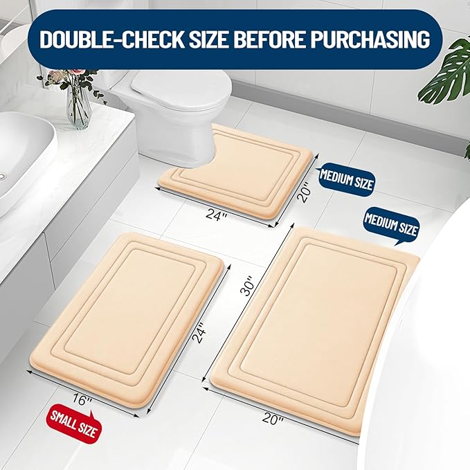 Grandaily Memory Foam Bath Mat Rug 24x16, Ultra Soft, Non-Slip and Absorbent Bathroom Rugs, Machine Wash Dry, Comfortable Bath Carpet for Bathroom Floor, Tub and Shower, Beige