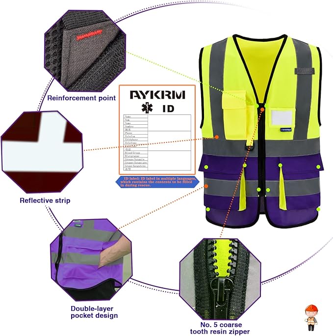A-SAFETY Reflective Safety Vest, Hi Vis 9 Pockets High Visibility Zipper Front Safety Vest, Yellow&Purple Color Mixed, L