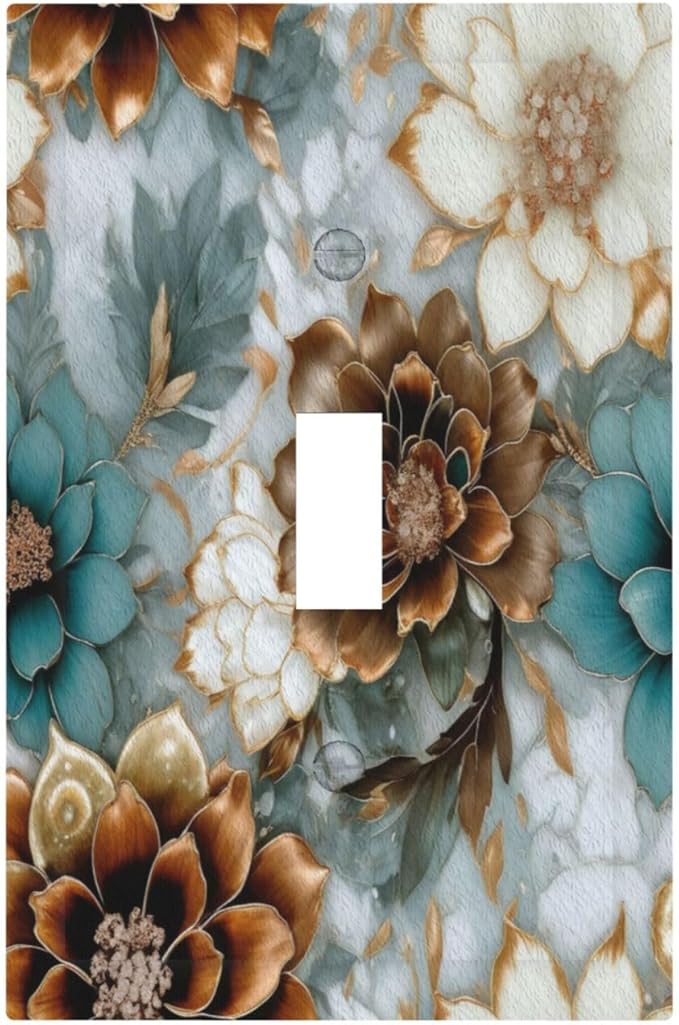 Vintage Marble Floral Gold/Green/White Metal Flowers Single Toggle Light Switch Covers Decorative 1 Gang Wall Plate Electrical Device Switchplate Dimmer Faceplate for Bathroom Decor
