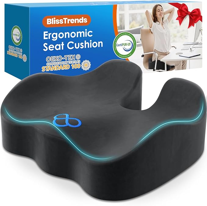 BlissTrends Seat Cushion,Thick Memory Foam Cushions for Office Chair, Car Seat, Airplane, Relieving Pressure Tailbone Sciatica Back Pain for Long Sitting Office Workers, Car Drivers 4.7in Thick Grey