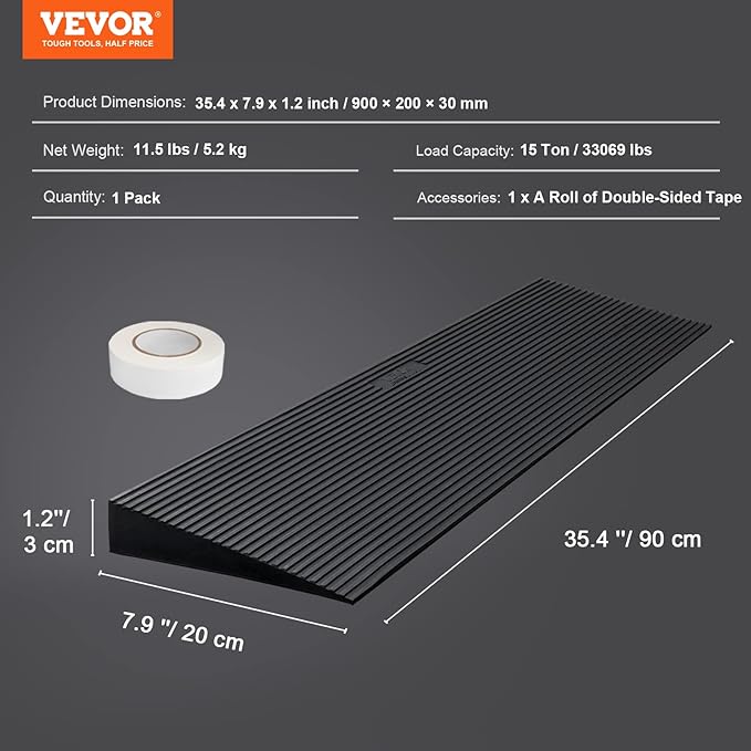 VEVOR 1.2" Rise Cuttable Threshold Ramp for Doorways, 35.4" Wide Natural Rubber Wheelchair Ramp, Non-Slip Solid Rubber Ramp with Double-Sided Tape for Doorways, Driveways, Bathroom, Smooth Tile