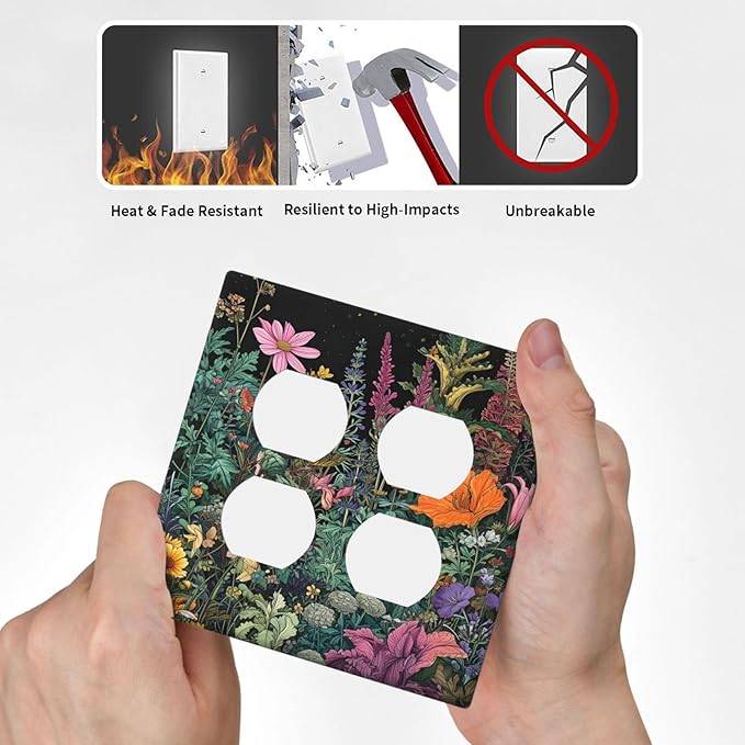 Decorative Switch Plate Covers Colorful Floral Dark Sky Wildflower Plants 2 Gang Outlet Covers Double Duplex Light Switch Cover Plate Gfci Wall Plate for Bathroom Decor