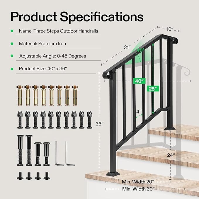 VIVOSUN Outdoor Handrail, 3 Step Stair Handrail, 40" x 36" Fits 1 to 3 Steps, Wrought Mattle Iron Stair Railing with Curved End and Balusters for Concrete Step, Porch Steps, One-Step Assembly, Black