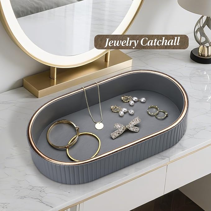 GORESE PU Leather Valet Tray Perfume Organizer, Oval Jewelry Trays Nightstand Organizer Key Bowl Trinket Dish for Dresser Bedside, Vanity Tray for Bathroom, EDC Trays for Men Women, 11×5.9 in, Gray