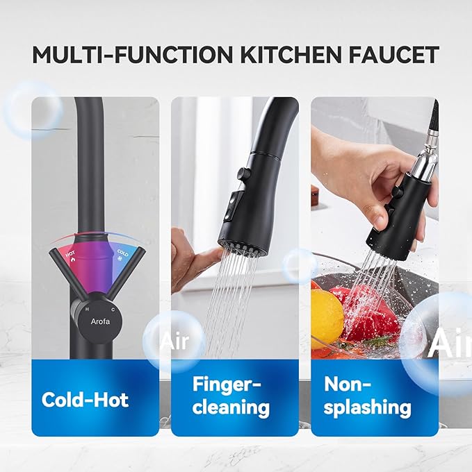 Matte Black Kitchen Faucet with Pull Down Spayer Arofa Single Handle Pull Out Kitchen Sink Faucet with Sprayer, Solid Brass Commercial Faucet for Kitchen Sink, RV, Outdoor, Laundry & Utility Room Sink