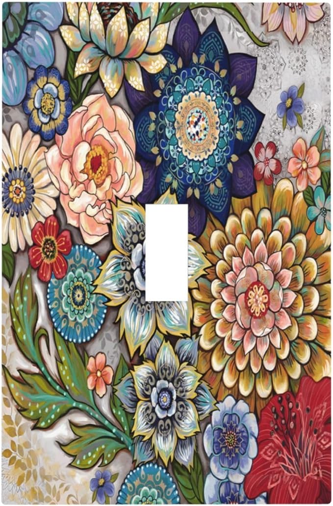 Boho Floral Colorful Floral Multi Color Flower Decorative Light Switch Cover 1 Gang Single Toggle Device Electrical Faceplate Switchplates Decorator Outlet Wall Plate for Bedroom Living Room Home