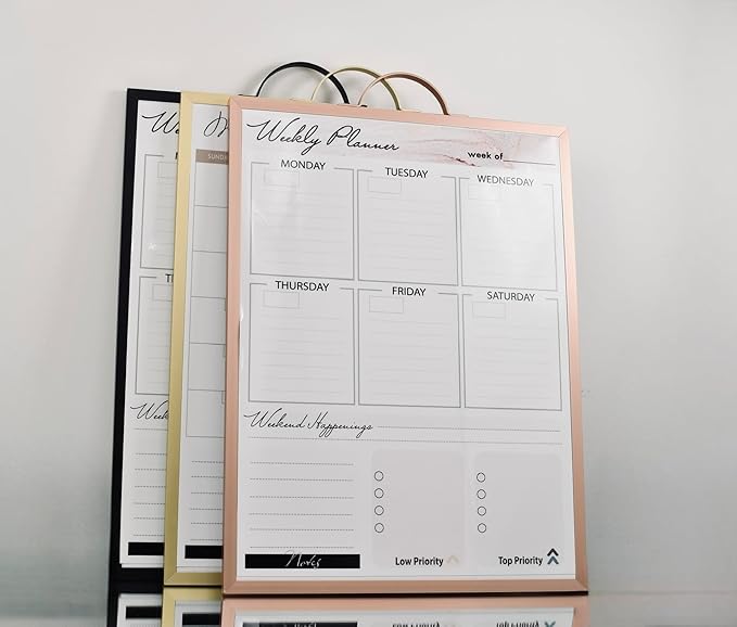 Small Whiteboard 12 x 16 Inch Magnetic Dry Erase Board with Handle | Gold Aluminum Frame | Double-Sided Planner Board with Weekly & Monthly Sheets | 3 Markers, Eraser & 2 Magnets