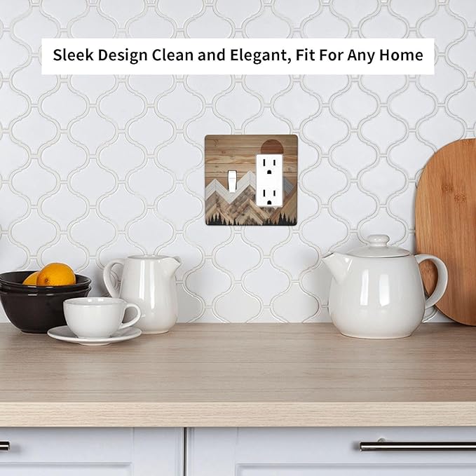 Wooden Planks Mosaic Snow Mountain Sun Outlet Covers 1 Toggle 1 Rocker Combination Decorative Wall Plate Electrical Switch Plates Light Switch Cover Plate for Farmhouse Home Decor