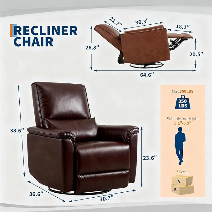 IDEALHOUSE Swivel Rocking Nursery Recliner Chair Rocker Recliner Glider Deep Seat PU Leather Sofa Chair with high Backrest for Nursery, Living Room, Bedroom & Home Movie Theater (Dark Brown)