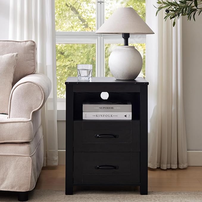 Black Rustic Night Stand, Farmhouse End Table, Modern Bedside Table with 2 Storage Drawers and Open Shelf, Tall Nightstand for Bedroom