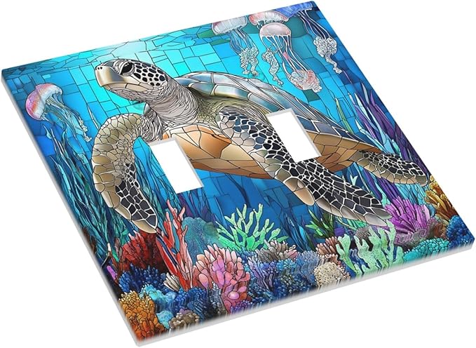 Decorative Switch Plates Nautical Sea Turtle Coral Jellyfish 2 Gang Double Toggle Outlet Light Switch Cover Wall Plate Electrical Faceplate For Kids Room Nursery Decor