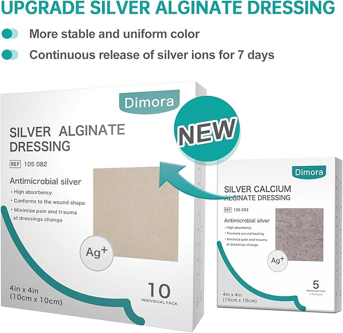 Dimora Upgrade 10 Packs Silver Antibacterial Alginate Wound Dressing Pads，Non-Stick Sterile Gauze，Highly Absorbent & Comfortable，4'' x 4'' Patches