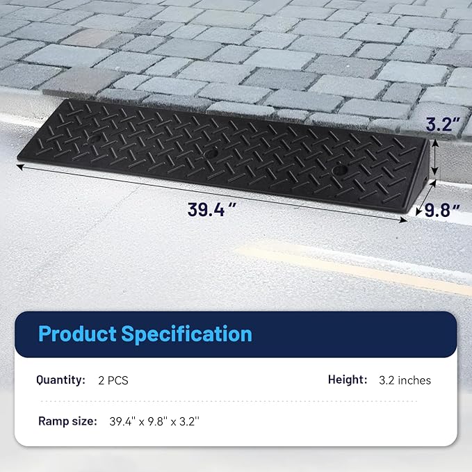 Rubber Curb Ramp, 3.2" Rise Height 2 Pack, Heavy-Duty 1.5 T Capacity Threshold Ramps, 39.4" L x 9.8" W Driveway Ramps for Cars, Wheelchairs, Bikes, Motorcycles