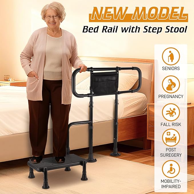 Bed Rails for Elderly Adults Safety, Step Stool with Handle for Ederly - Extended Bed Assist Rail for Seniors with Storage Bag - Adjustable Bed Side Rails Foot Stool, Fits Twin Full Queen King