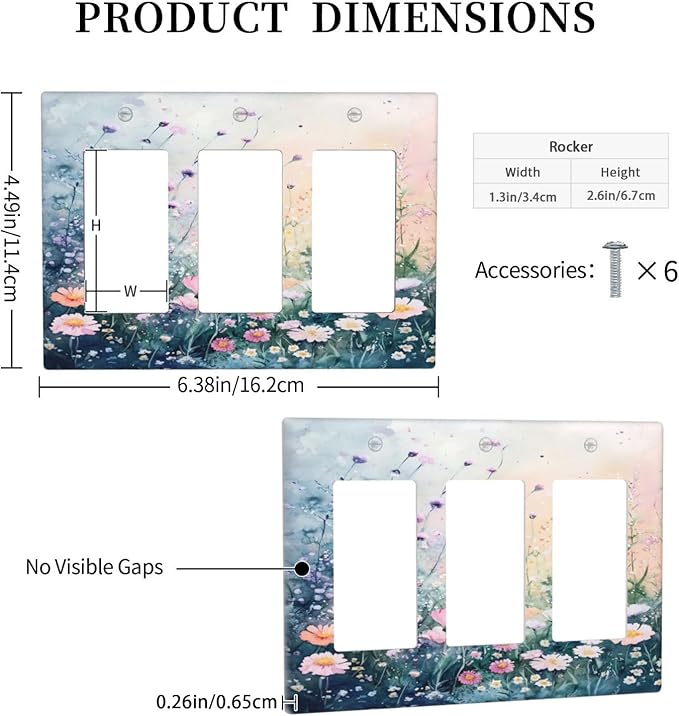 Decorative Outlet Covers Pink Floral Wildflower Green Plants 3 Gang Gfci Wall Plate Triple Rocker Light Switch Cover Plate Switch Plate Covers for Bathroom Decor