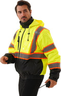 Hi Vis Safety jacket for men,Reflective high Visibility Hooded jacket,Work Bomber Jacket with Pockets and Zipper,Waterproof,ANSI Class 3 Black Bottom Yellow,3XL