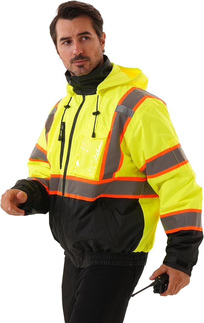 Hi Vis Safety jacket for men,Reflective high Visibility Hooded jacket,Work Bomber Jacket with Pockets and Zipper,Waterproof,ANSI Class 3 Black Bottom Yellow,Medium