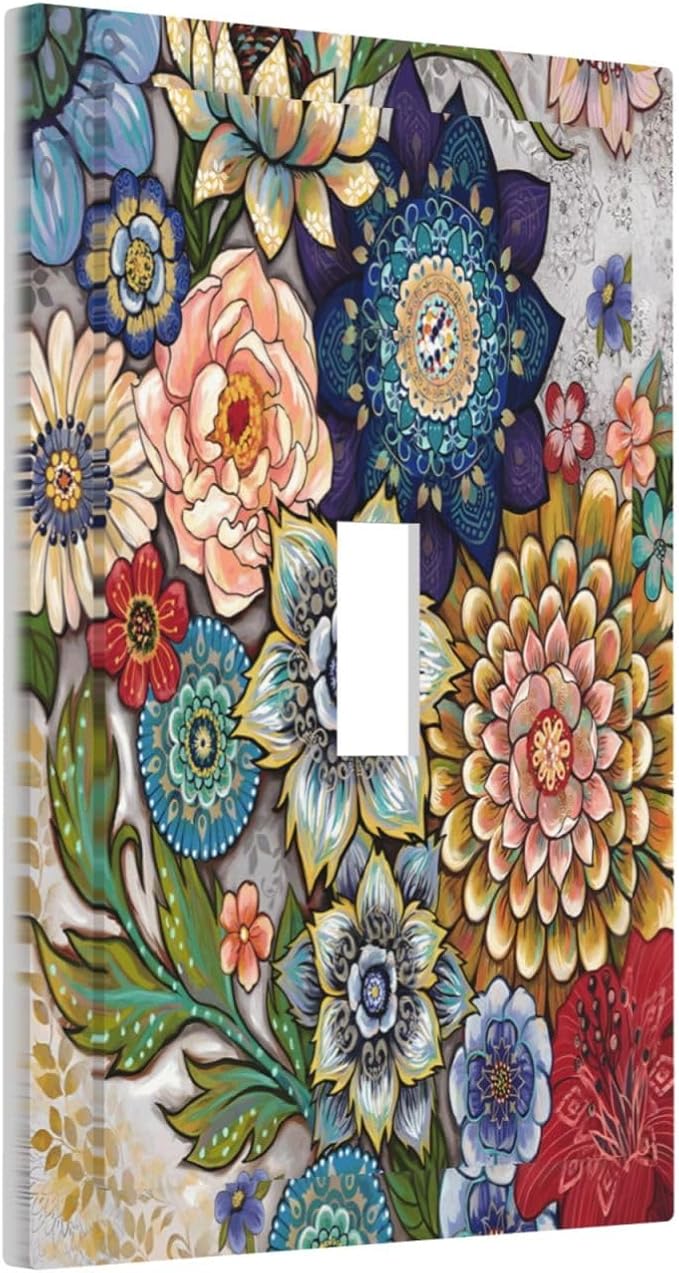 Boho Floral Colorful Floral Multi Color Flower Decorative Light Switch Cover 1 Gang Single Toggle Device Electrical Faceplate Switchplates Decorator Outlet Wall Plate for Bedroom Living Room Home