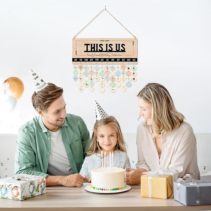 CHDITB Wooden 3D This is Us Birthday Calendar Wall Hanging(16"x6"), Rustic Family Friends Birthday Celebrations Reminder Tracker with Tags, Custom DIY Mother Gifts for Grandma
