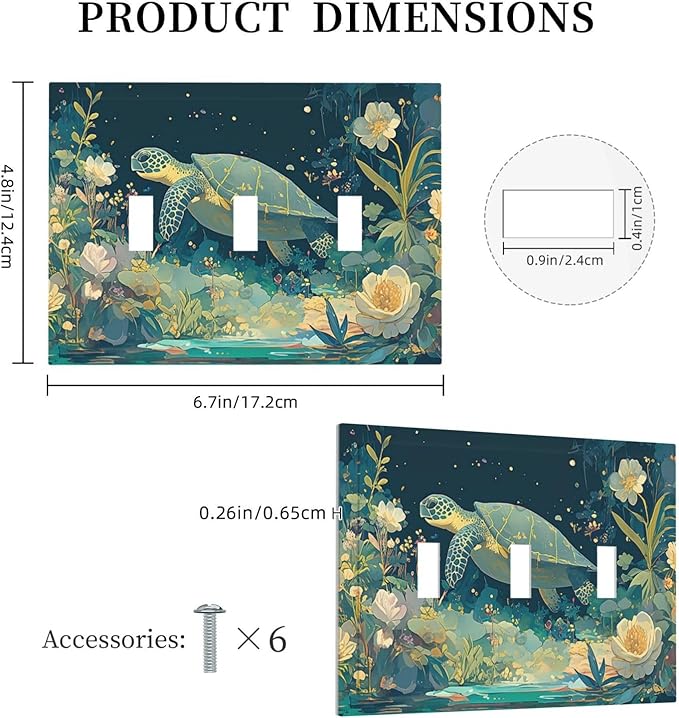 Decorative Switch Plates Fantasy Sea World Sea Turtle Floral Plant 3 Gang Wall Plate Triple Toggle Light Switch Cover Faceplate Electrical Wall Panels for Kids Room Nursery Decor