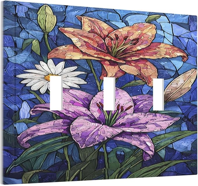 Decorative Switch Plates Vintage Colorful Flower Oil Painting Style 3 Gang Wall Plate Triple Toggle Light Switch Cover Faceplate Electrical Wall Panels for Bedroom Bathroom Decor