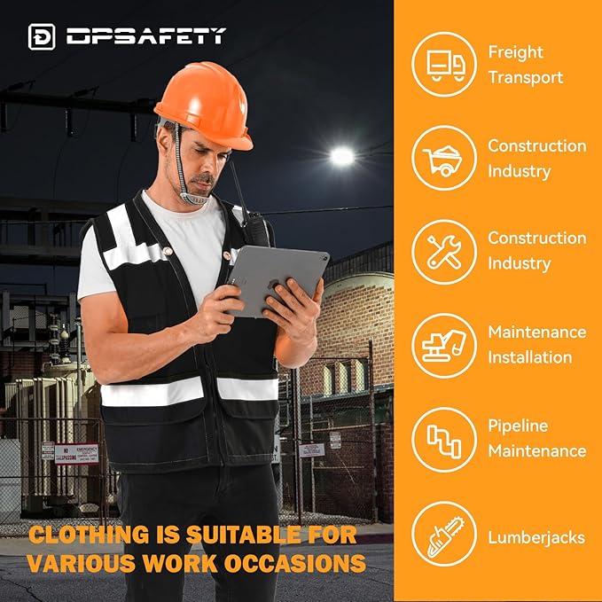 Reflective Safety vest With back plan pocket,High visibility Class 2 Heavy Duty Surveyor Vest with Zipper,Hi Vis Vest ANSI/ISEA Standard, Construction Work Vest for Men＆Women(Black,M)