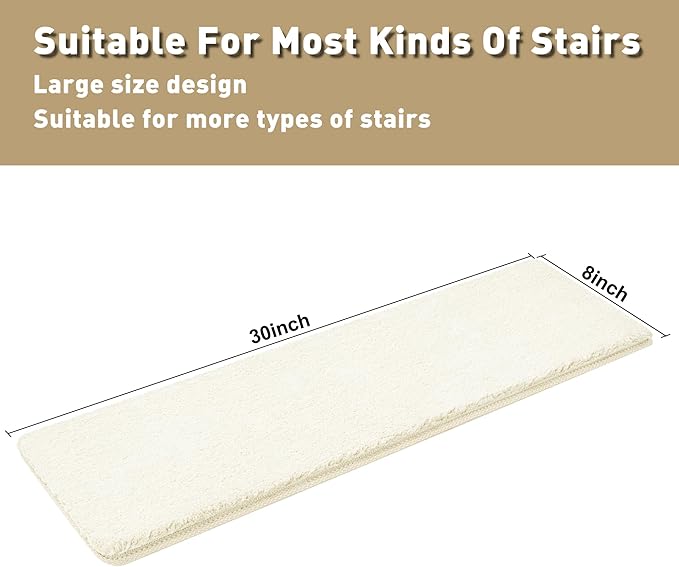 PURE ERA Carpet Stair Treads Ultra Plush 8" X 30" Soft Indoor Stair Protectors Pet-Friendly Non-Slip Skid Resistant Tape Free Washable Reusable(14 Pieces, White)