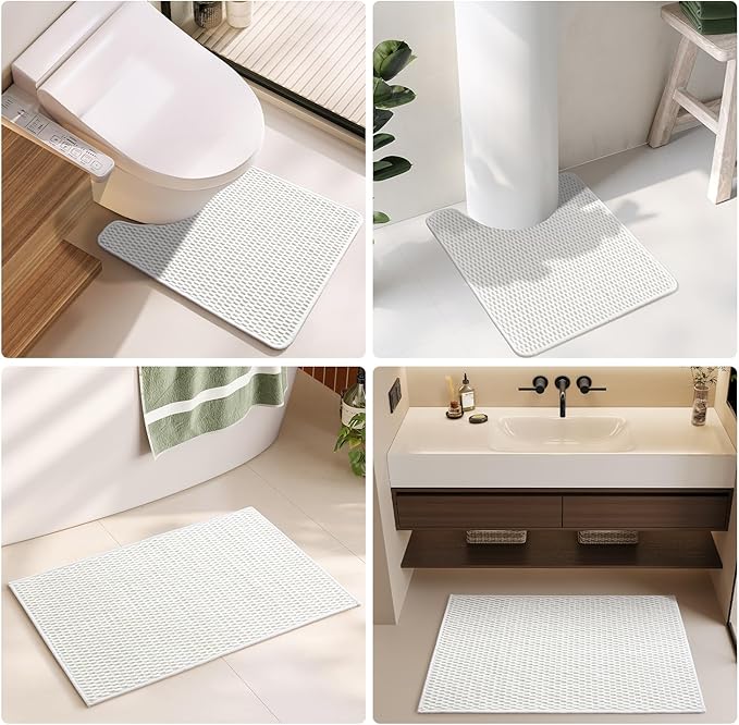 Toilet Rug, Thin Toilet Rugs U Shaped Washable Non Slip Absorbent Quick Dry Low Pile Toilet Mat, White 20"x24" U Shape