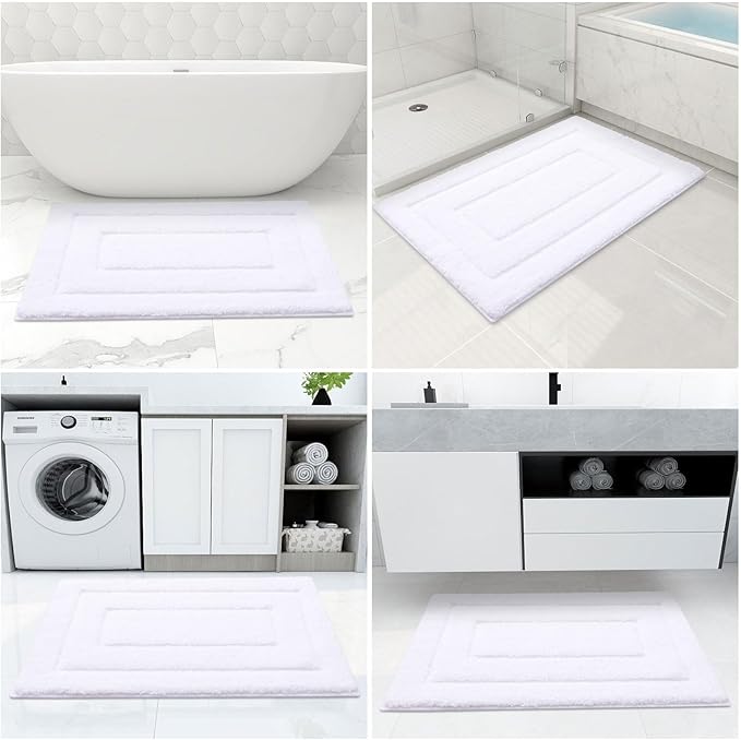 Buganda Bathroom Rugs, 24" x 20", Soft and Absorbent Microfiber Bath Rugs, Non-Slip Shaggy Shower Carpet, Machine Wash Dry Bath Mats for Bathroom Floor, Tub and Shower, White